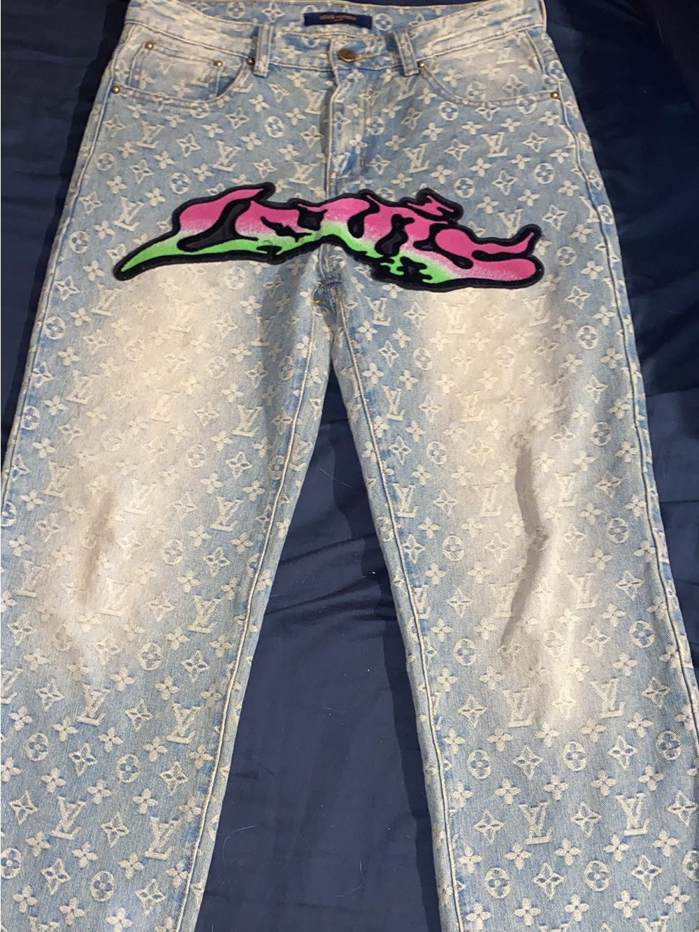 Louis Vuitton Light Blue Monogram Straight-Leg Jeans with Pink & Green Patch